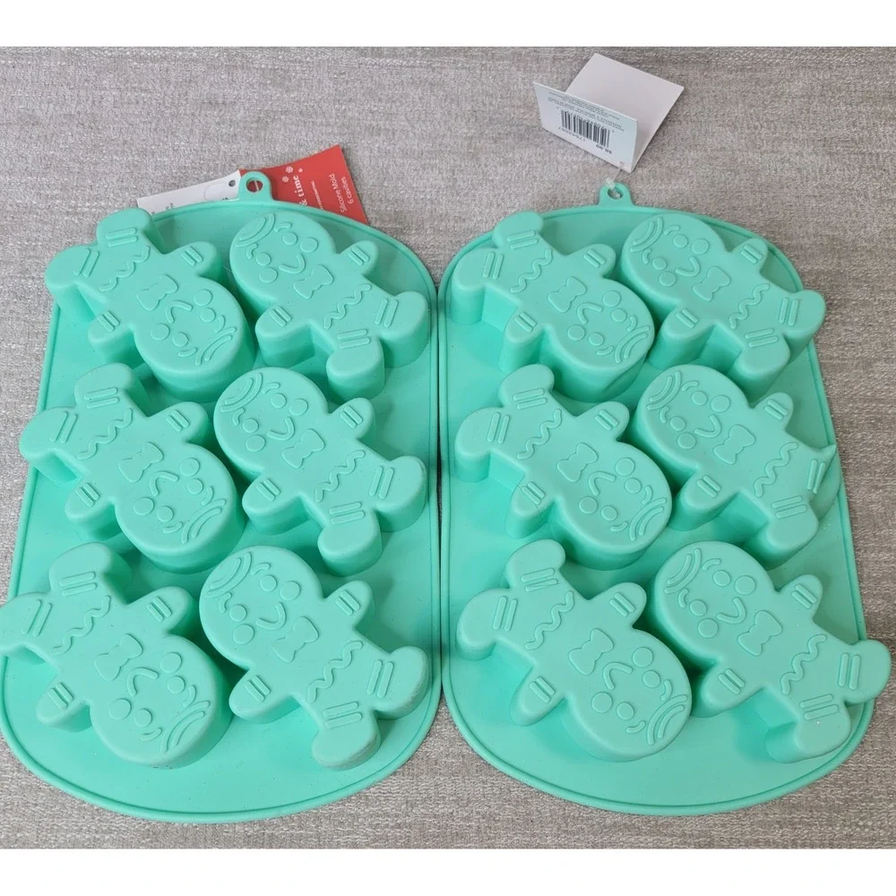 Wilton Place & Time Gingerbread Man Silicone Mold Set 2 Mint Green 6 Cavity New